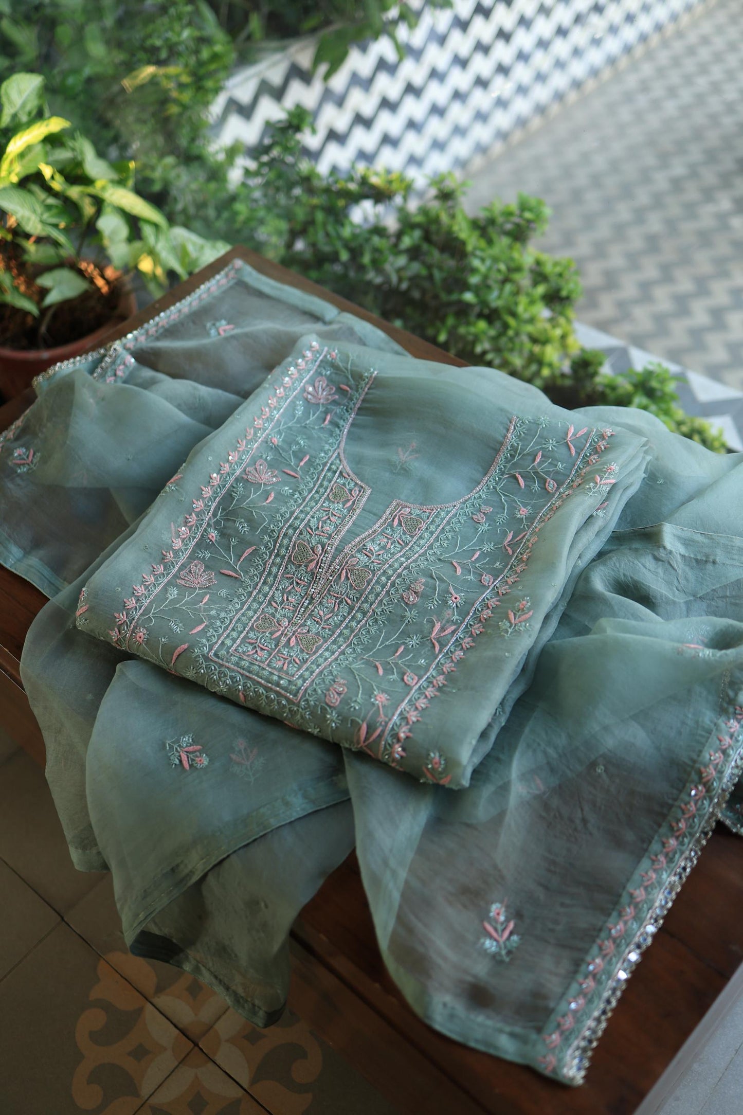 Slate Green Shade Noor Organza Silk Chikankari Unstitched Kurta Dupatta Set