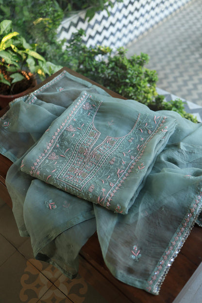 Slate Green Shade Noor Organza Silk Chikankari Unstitched Kurta Dupatta Set