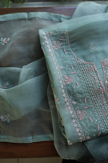 Slate Green Shade Noor Organza Silk Chikankari Unstitched Kurta Dupatta Set