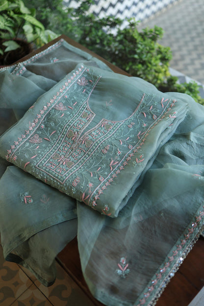 Slate Green Shade Noor Organza Silk Chikankari Unstitched Kurta Dupatta Set