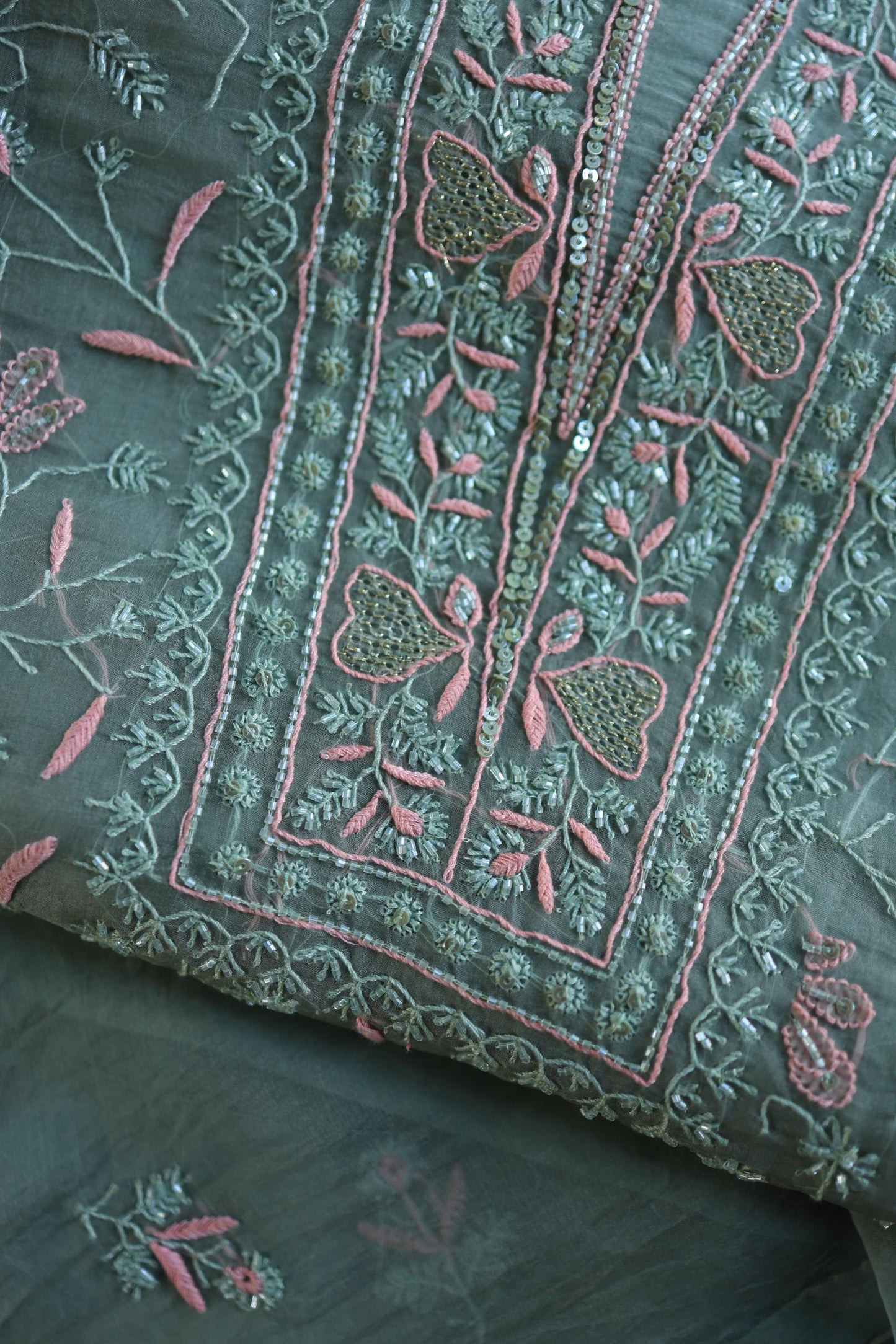 Slate Green Shade Noor Organza Silk Chikankari Unstitched Kurta Dupatta Set