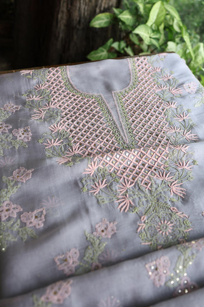 Slate Grey Noor Organza Silk Chikankari With Kamdani Fabric