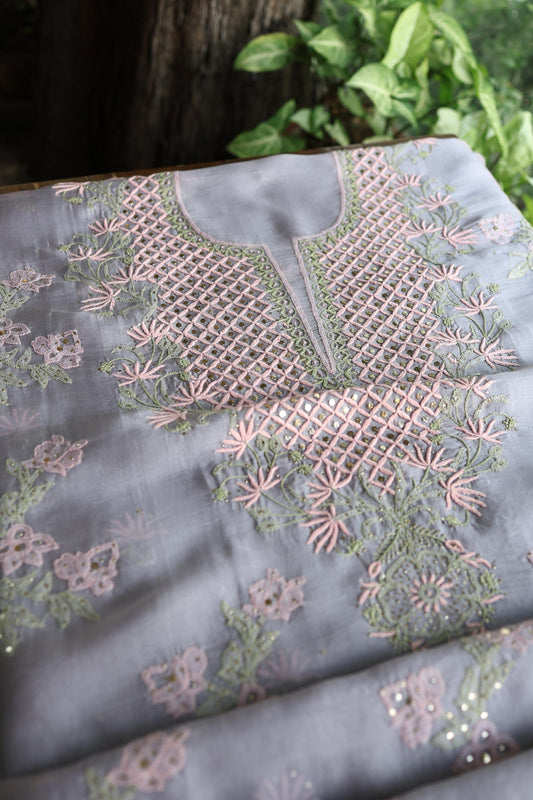 Slate Grey Noor Organza Silk Chikankari With Kamdani Fabric