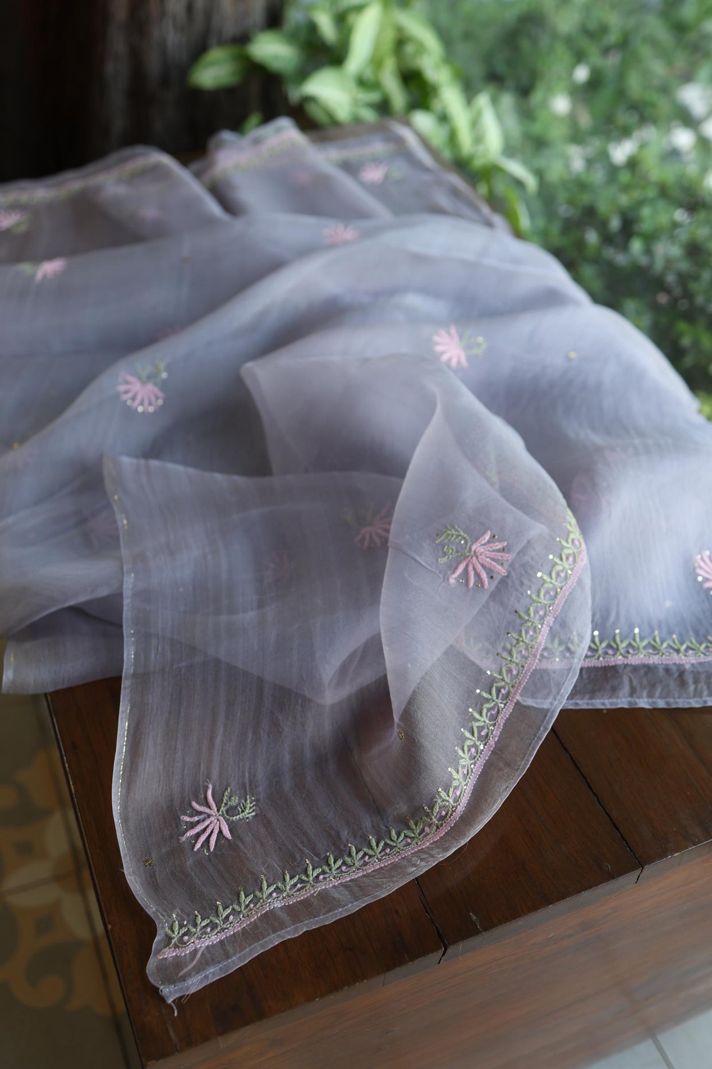 Slate Grey Noor Organza Silk Chikankari With Kamdani Fabric