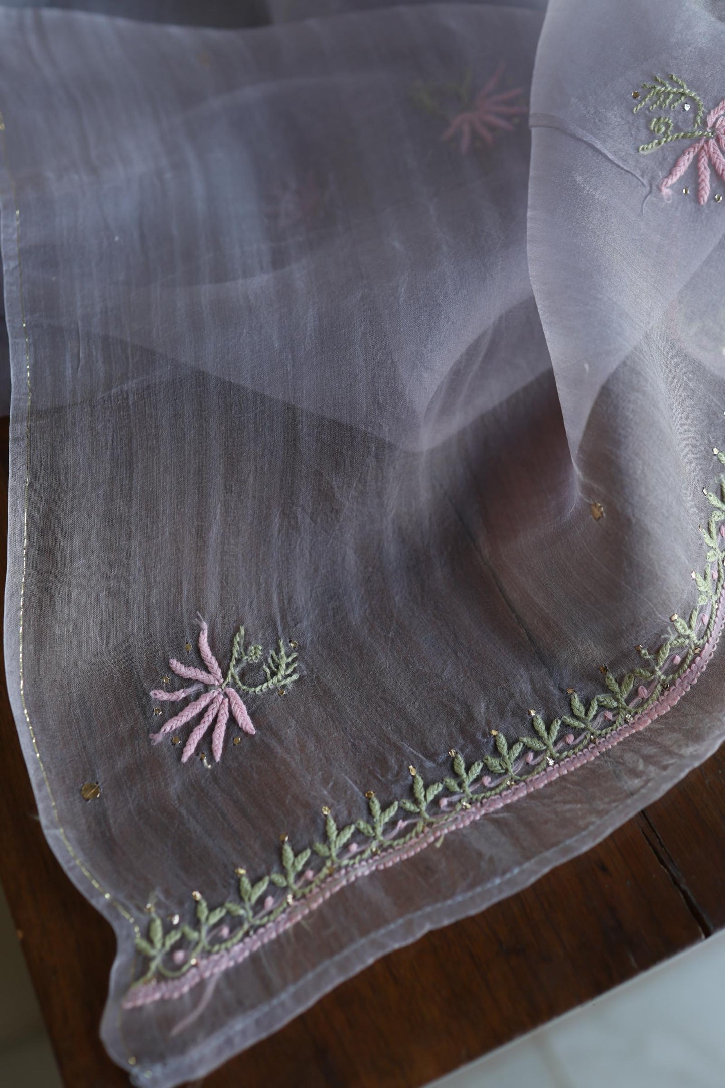 Slate Grey Noor Organza Silk Chikankari With Kamdani Fabric