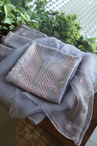 Slate Grey Noor Organza Silk Chikankari With Kamdani Fabric