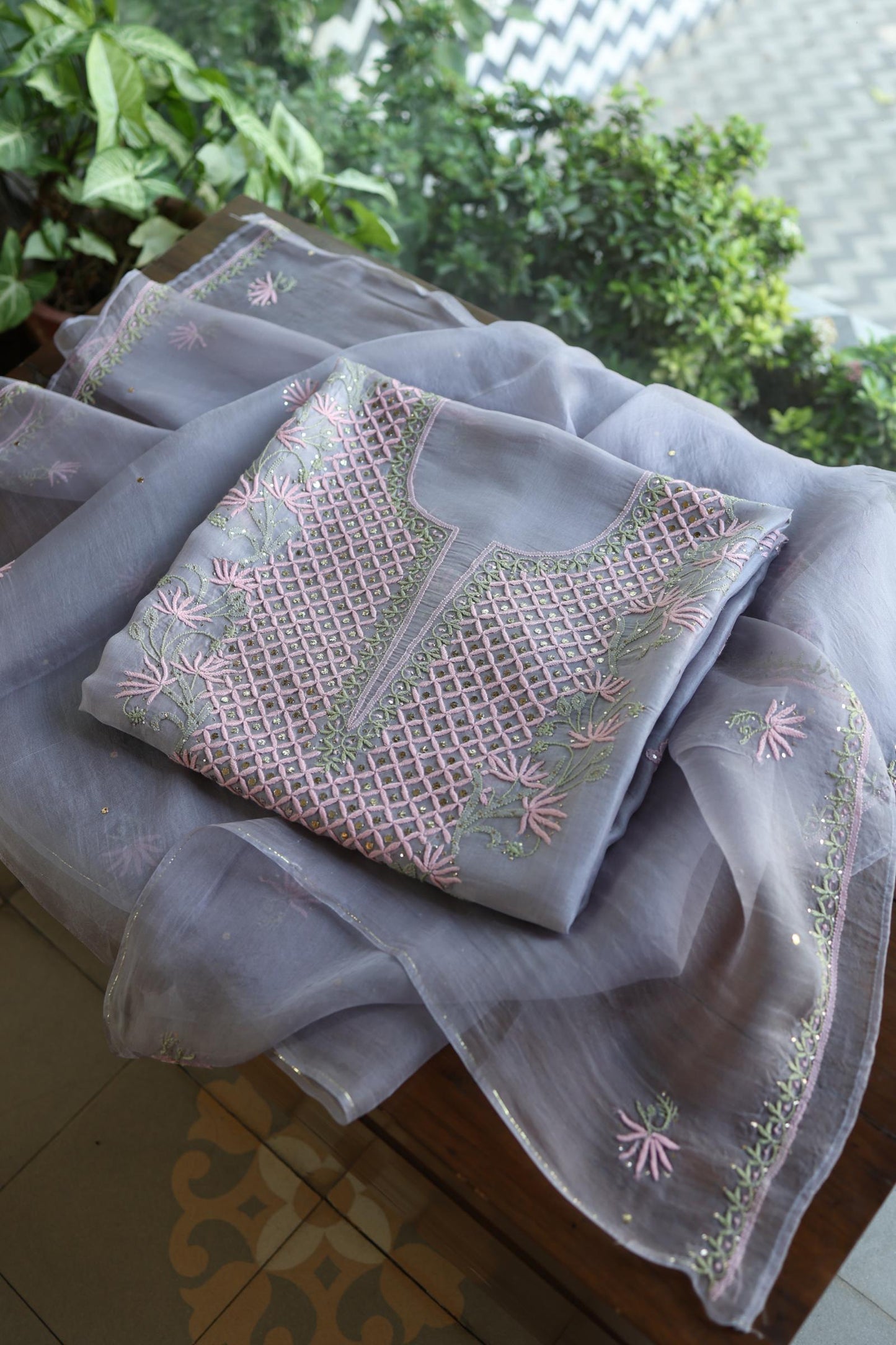 Slate Grey Noor Organza Silk Chikankari With Kamdani Fabric