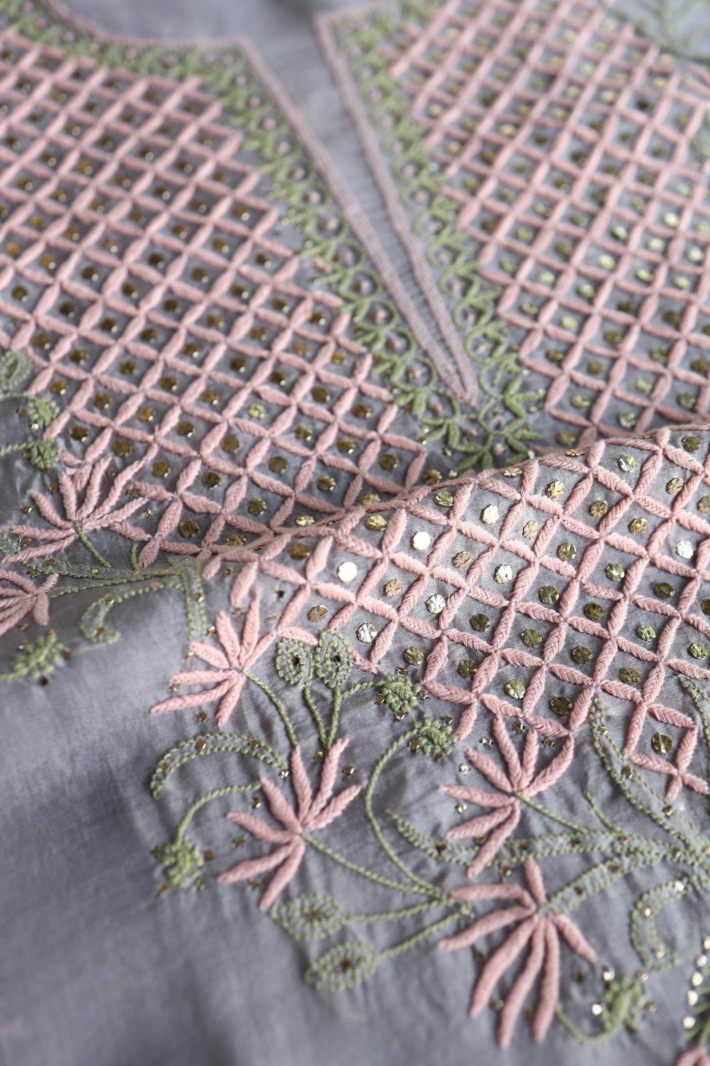 Slate Grey Noor Organza Silk Chikankari With Kamdani Fabric