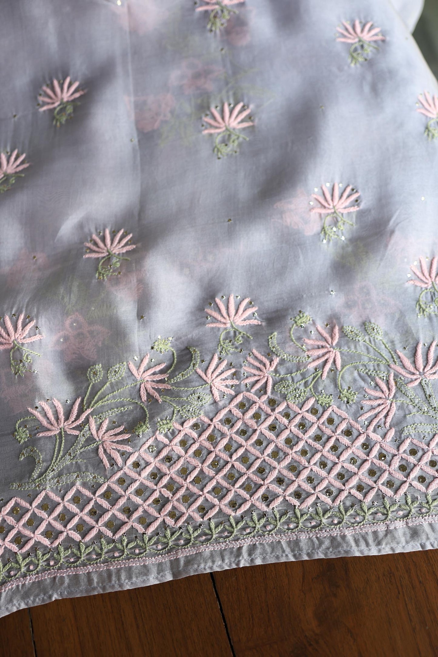 Slate Grey Noor Organza Silk Chikankari With Kamdani Fabric