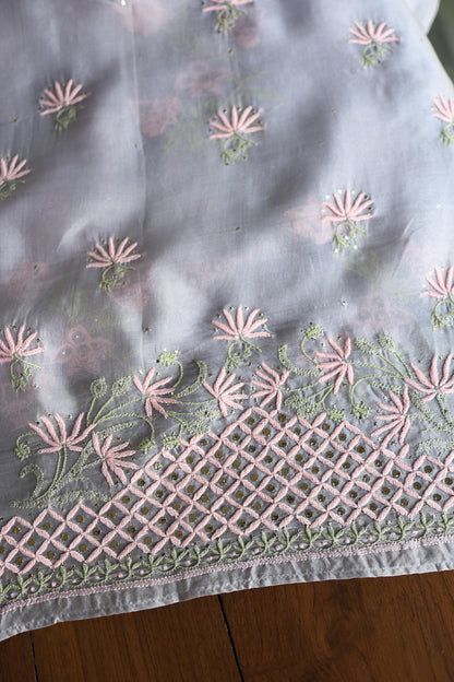 Slate Grey Noor Organza Silk Chikankari With Kamdani Fabric
