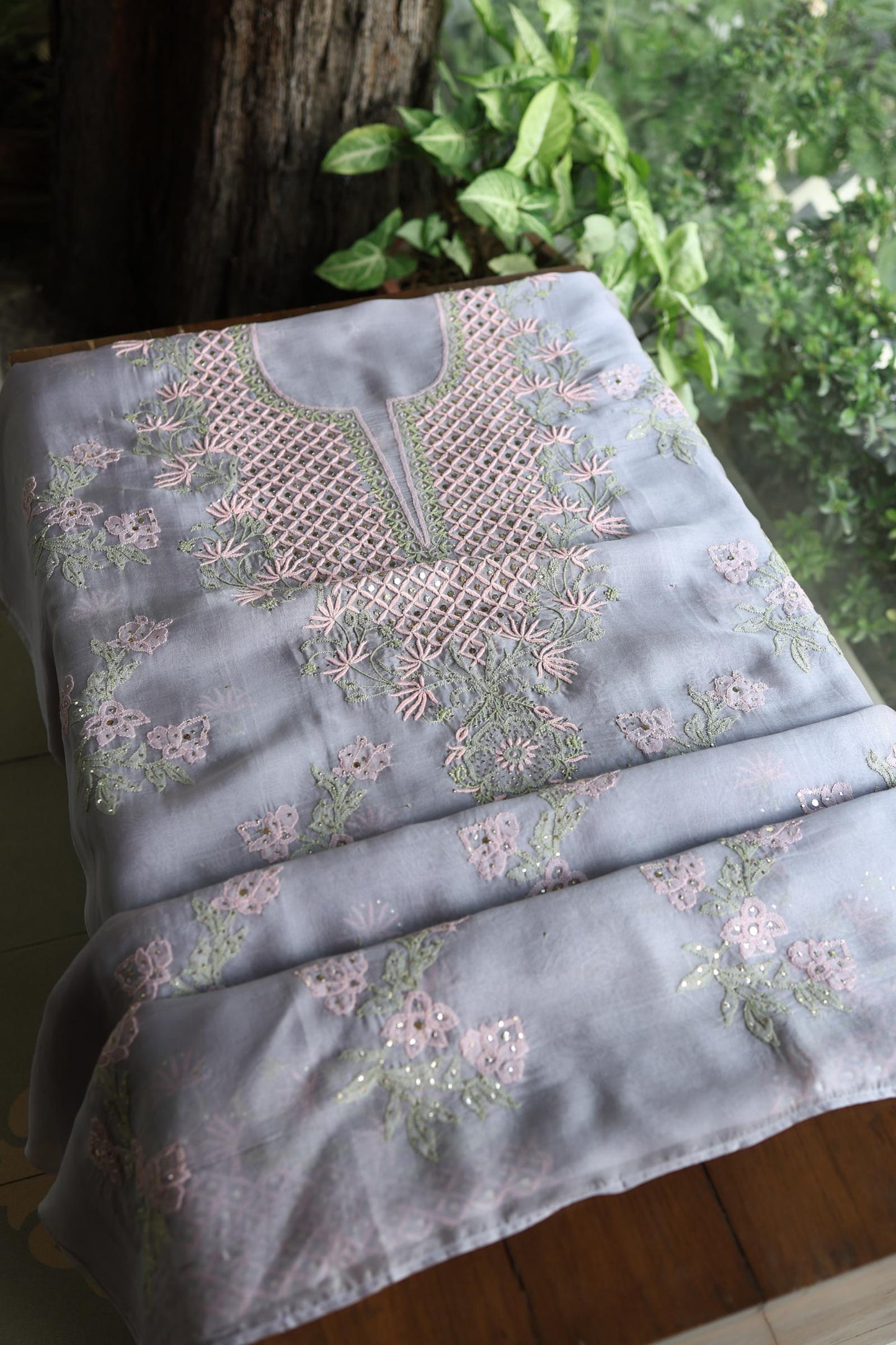 Slate Grey Noor Organza Silk Chikankari With Kamdani Fabric
