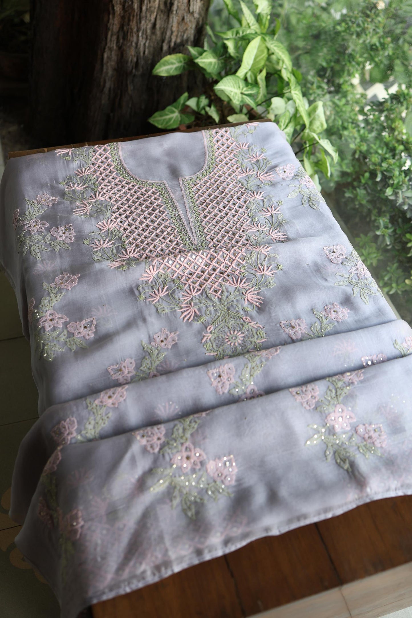 Slate Grey Noor Organza Silk Chikankari With Kamdani Fabric