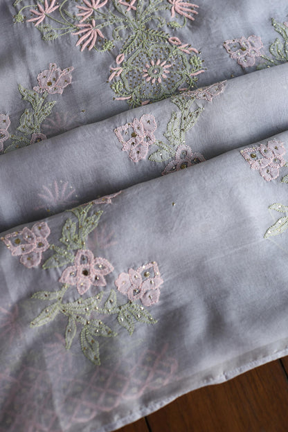 Slate Grey Noor Organza Silk Chikankari With Kamdani Fabric