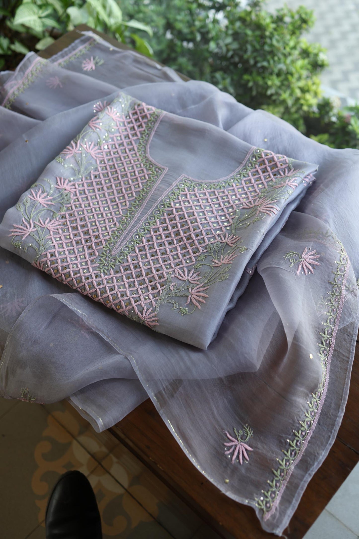 Slate Grey Noor Organza Silk Chikankari With Kamdani Fabric