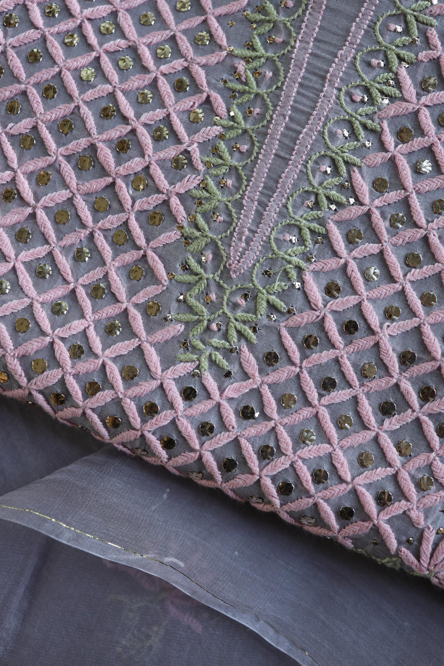 Slate Grey Noor Organza Silk Chikankari With Kamdani Fabric
