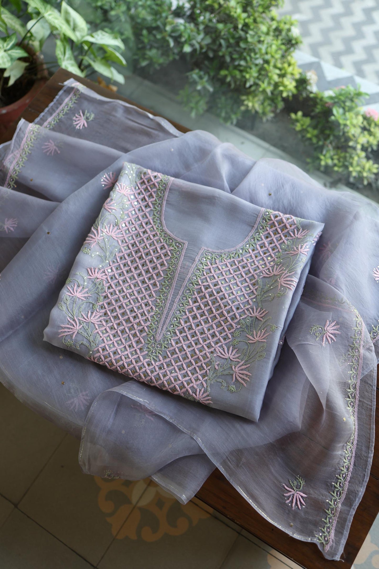 Slate Grey Noor Organza Silk Chikankari With Kamdani Fabric