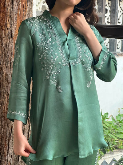 Slate Green Satin Shimmer Chikankari Co-Ord Set