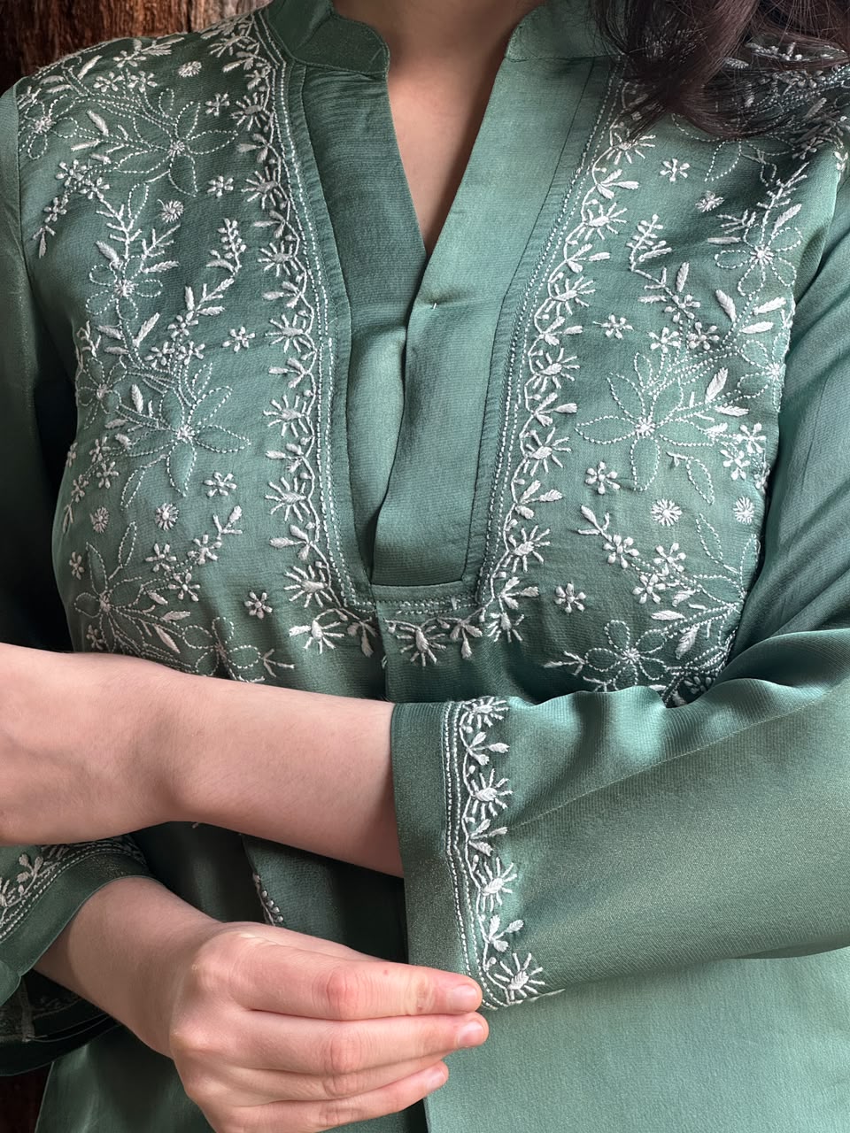 Slate Green Satin Shimmer Chikankari Co-Ord Set