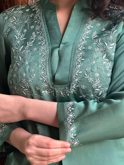 Slate Green Satin Shimmer Chikankari Co-Ord Set
