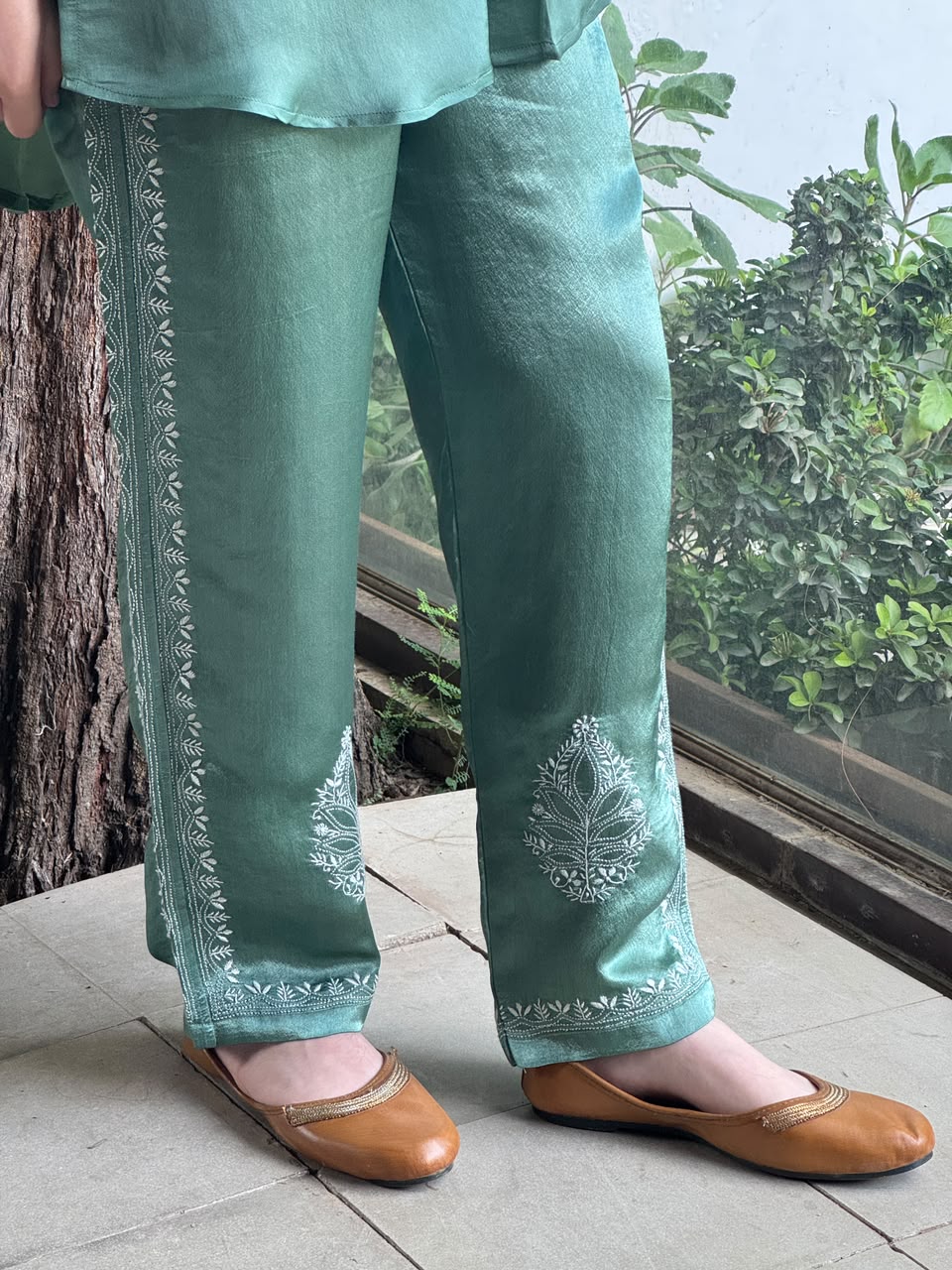 Slate Green Satin Shimmer Chikankari Co-Ord Set