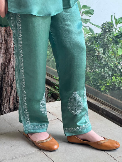 Slate Green Satin Shimmer Chikankari Co-Ord Set