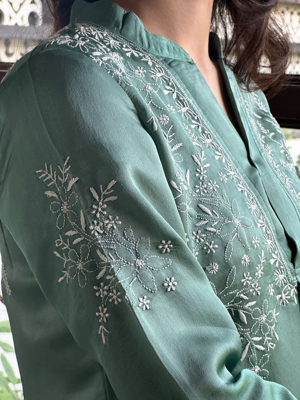 Slate Green Satin Shimmer Chikankari Co-Ord Set