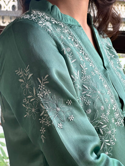 Slate Green Satin Shimmer Chikankari Co-Ord Set