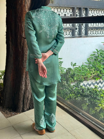 Slate Green Satin Shimmer Chikankari Co-Ord Set