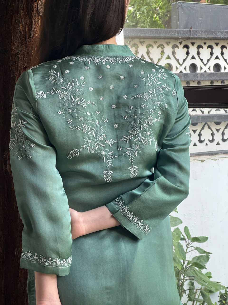 Slate Green Satin Shimmer Chikankari Co-Ord Set