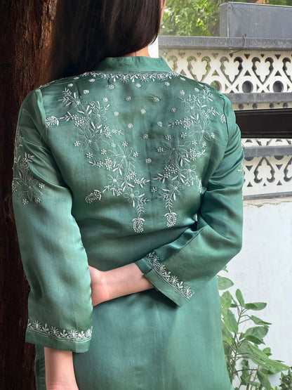 Slate Green Satin Shimmer Chikankari Co-Ord Set