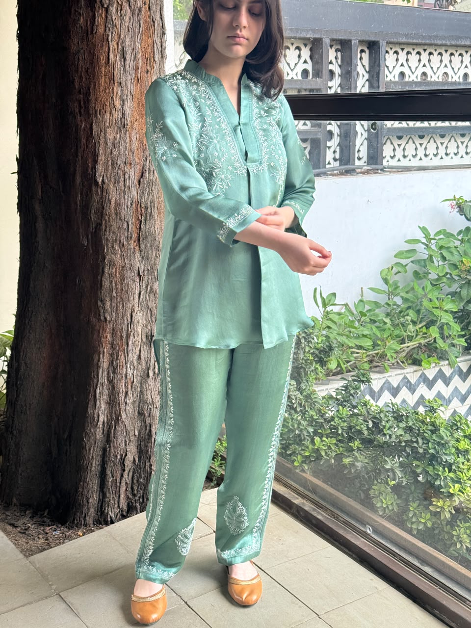 Slate Green Satin Shimmer Chikankari Co-Ord Set