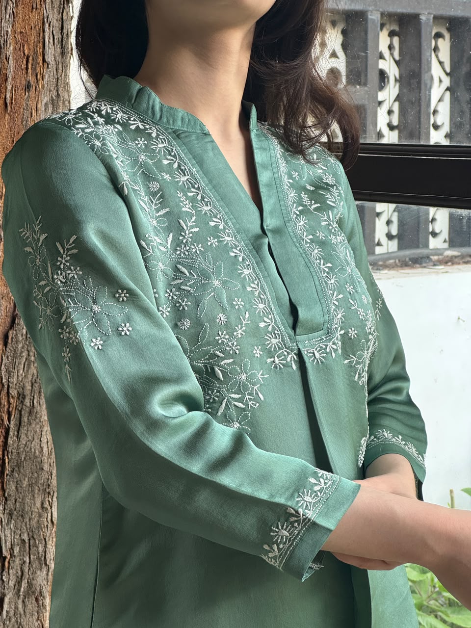 Slate Green Satin Shimmer Chikankari Co-Ord Set