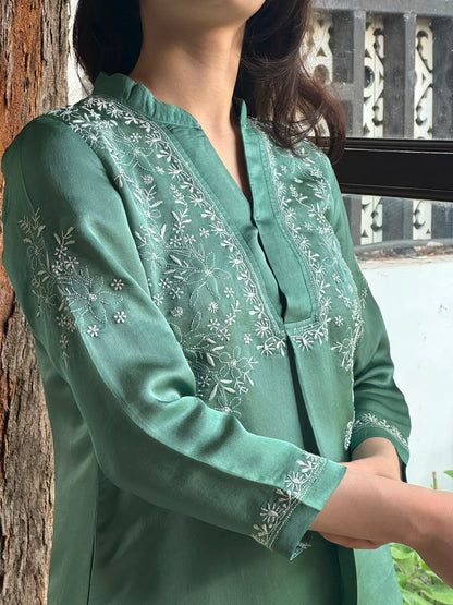 Slate Green Satin Shimmer Chikankari Co-Ord Set