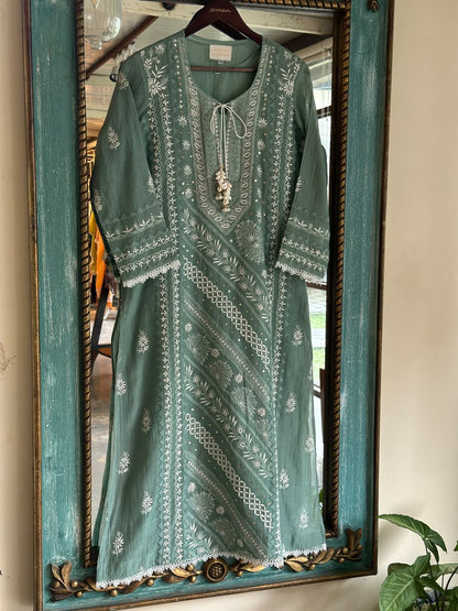 Slate Green Shade Malmal Straight Cut Chikankari Kamdani Kurta Set