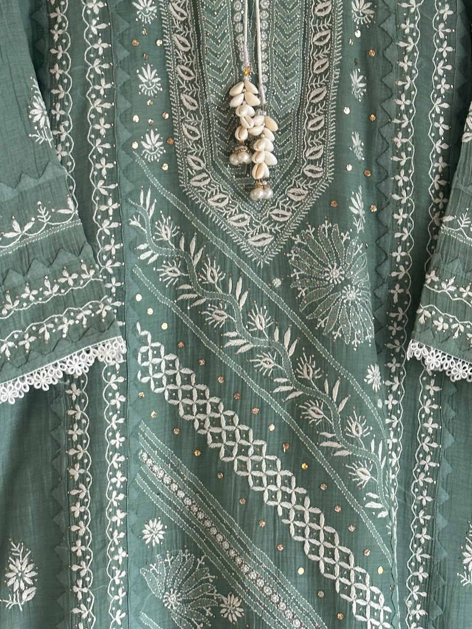 Slate Green Shade Malmal Straight Cut Chikankari Kamdani Kurta Set