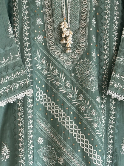 Slate Green Shade Malmal Straight Cut Chikankari Kamdani Kurta Set