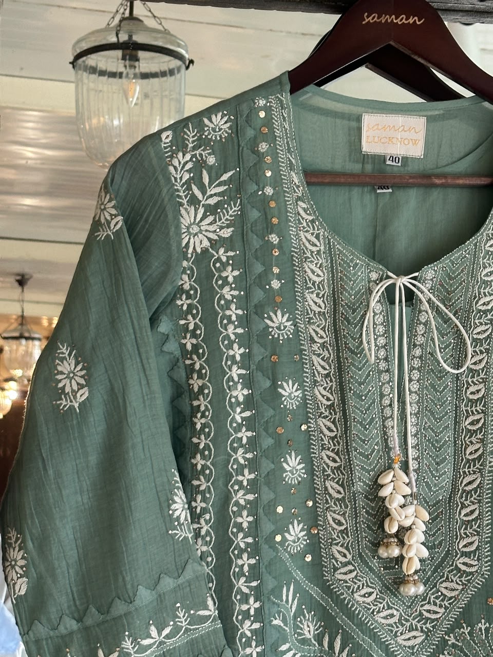 Slate Green Shade Malmal Straight Cut Chikankari Kamdani Kurta Set