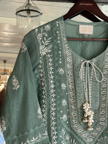 Slate Green Shade Malmal Straight Cut Chikankari Kamdani Kurta Set