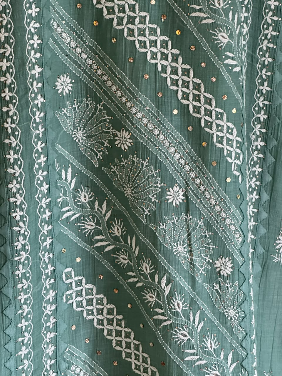 Slate Green Shade Malmal Straight Cut Chikankari Kamdani Kurta Set