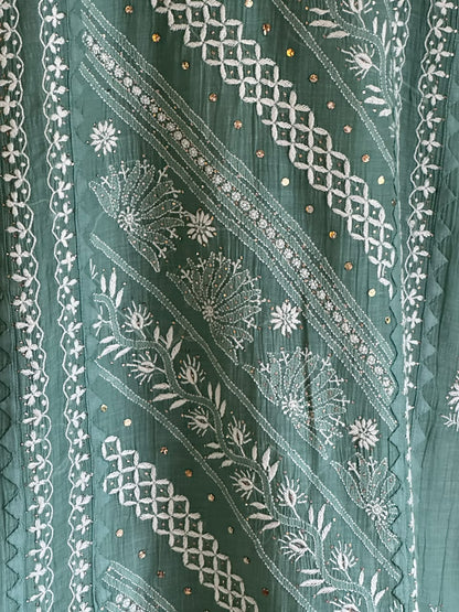 Slate Green Shade Malmal Straight Cut Chikankari Kamdani Kurta Set