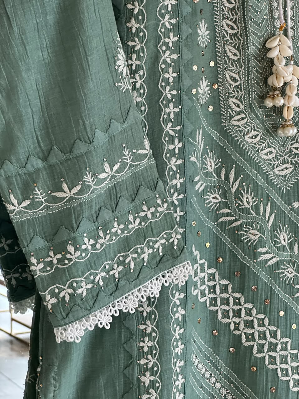 Slate Green Shade Malmal Straight Cut Chikankari Kamdani Kurta Set