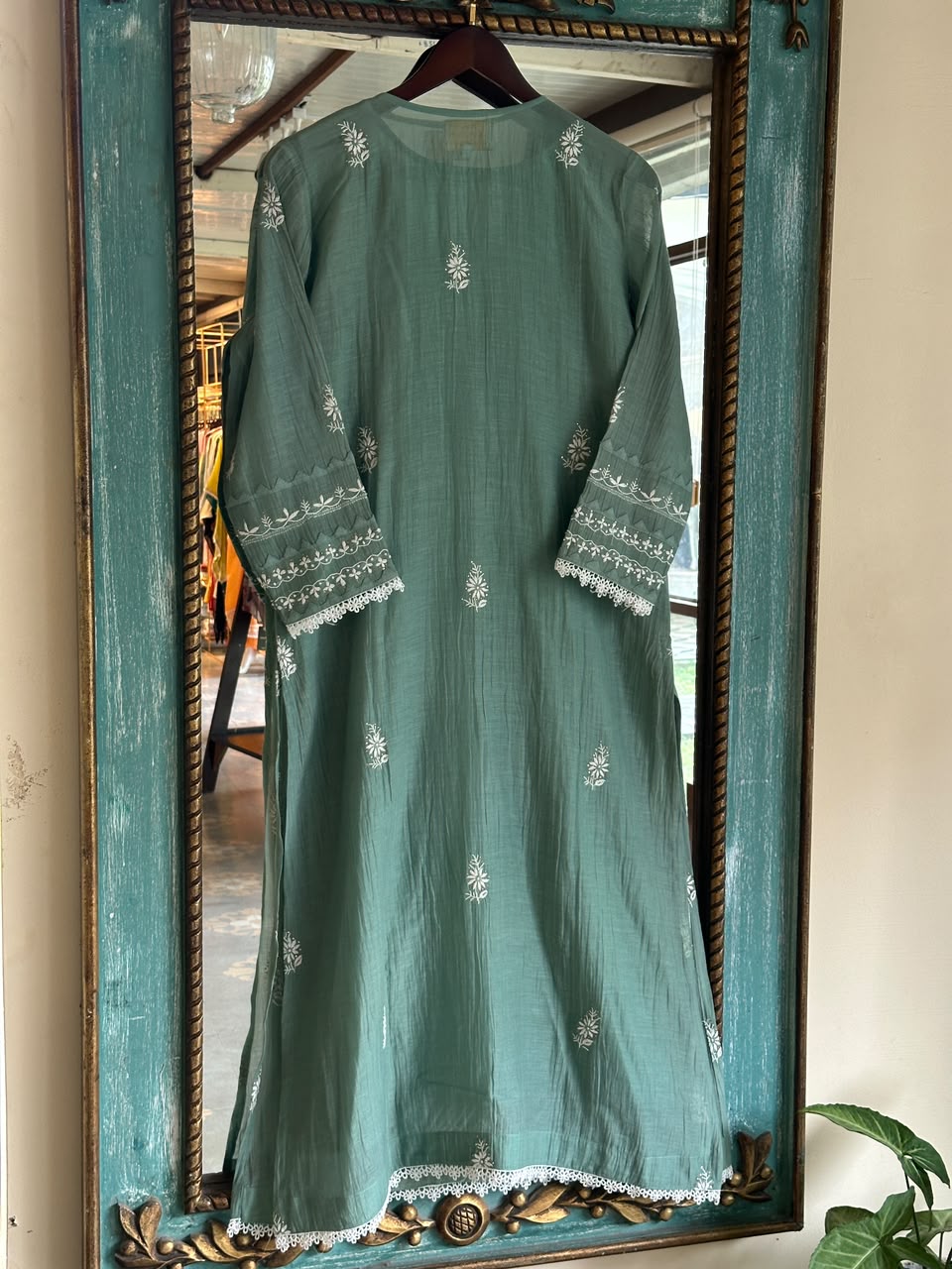 Slate Green Shade Malmal Straight Cut Chikankari Kamdani Kurta Set