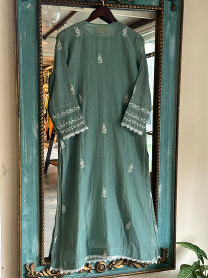 Slate Green Shade Malmal Straight Cut Chikankari Kamdani Kurta Set