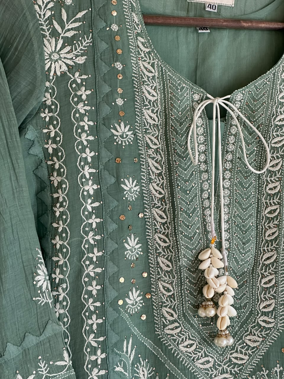 Slate Green Shade Malmal Straight Cut Chikankari Kamdani Kurta Set