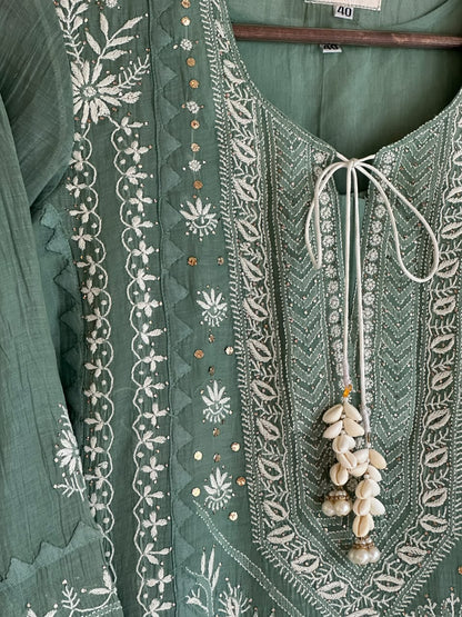 Slate Green Shade Malmal Straight Cut Chikankari Kamdani Kurta Set