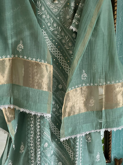 Slate Green Shade Malmal Straight Cut Chikankari Kamdani Kurta Set