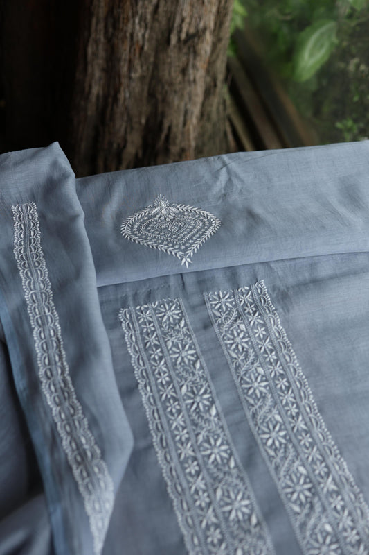 Slate Grey Mulmul Chikankari Unstitched Men's Kurtas Fabric