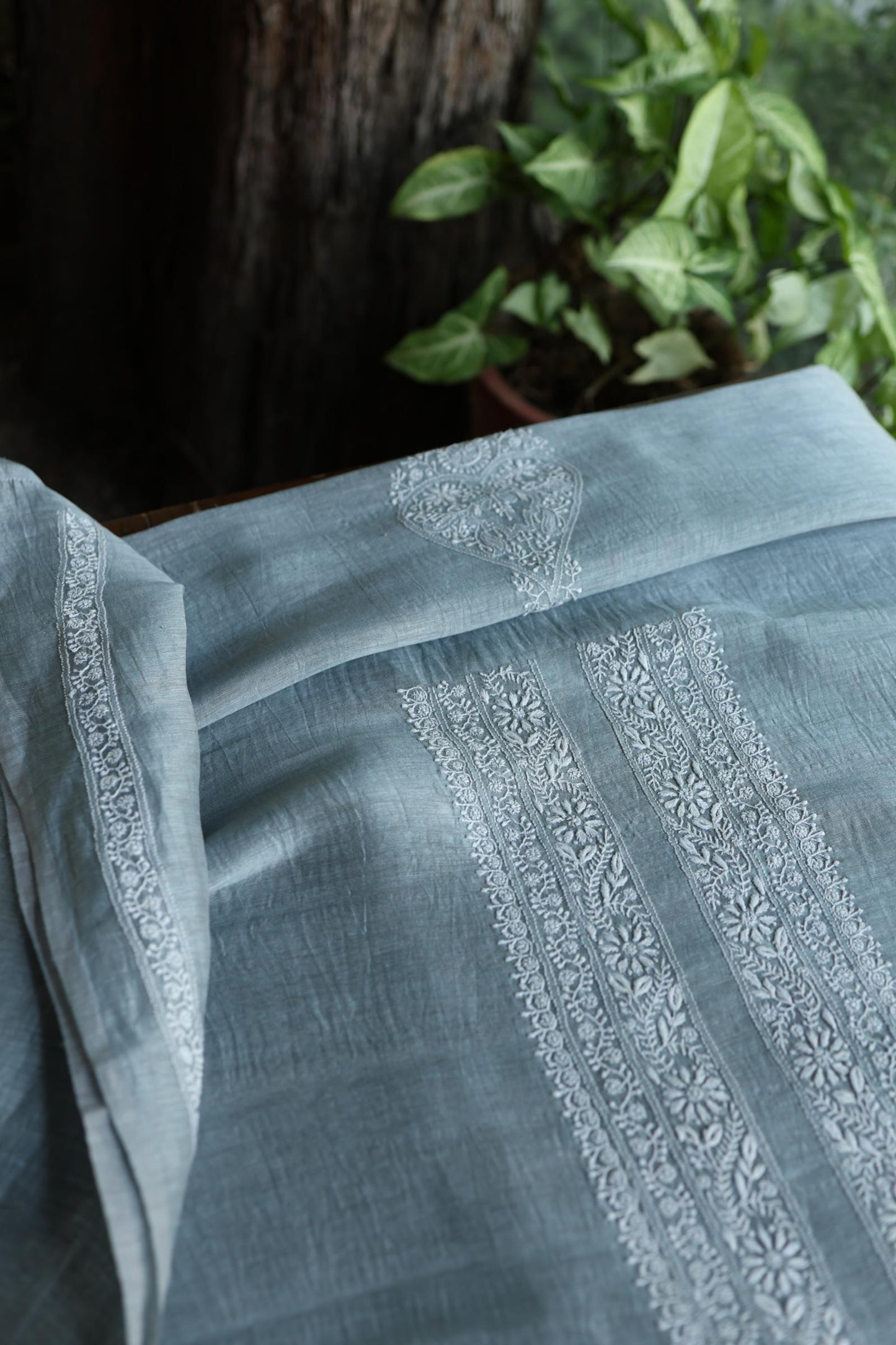 Slate Grey Shade Linen Chikankari Unstitched Men's Kurtas Fabric