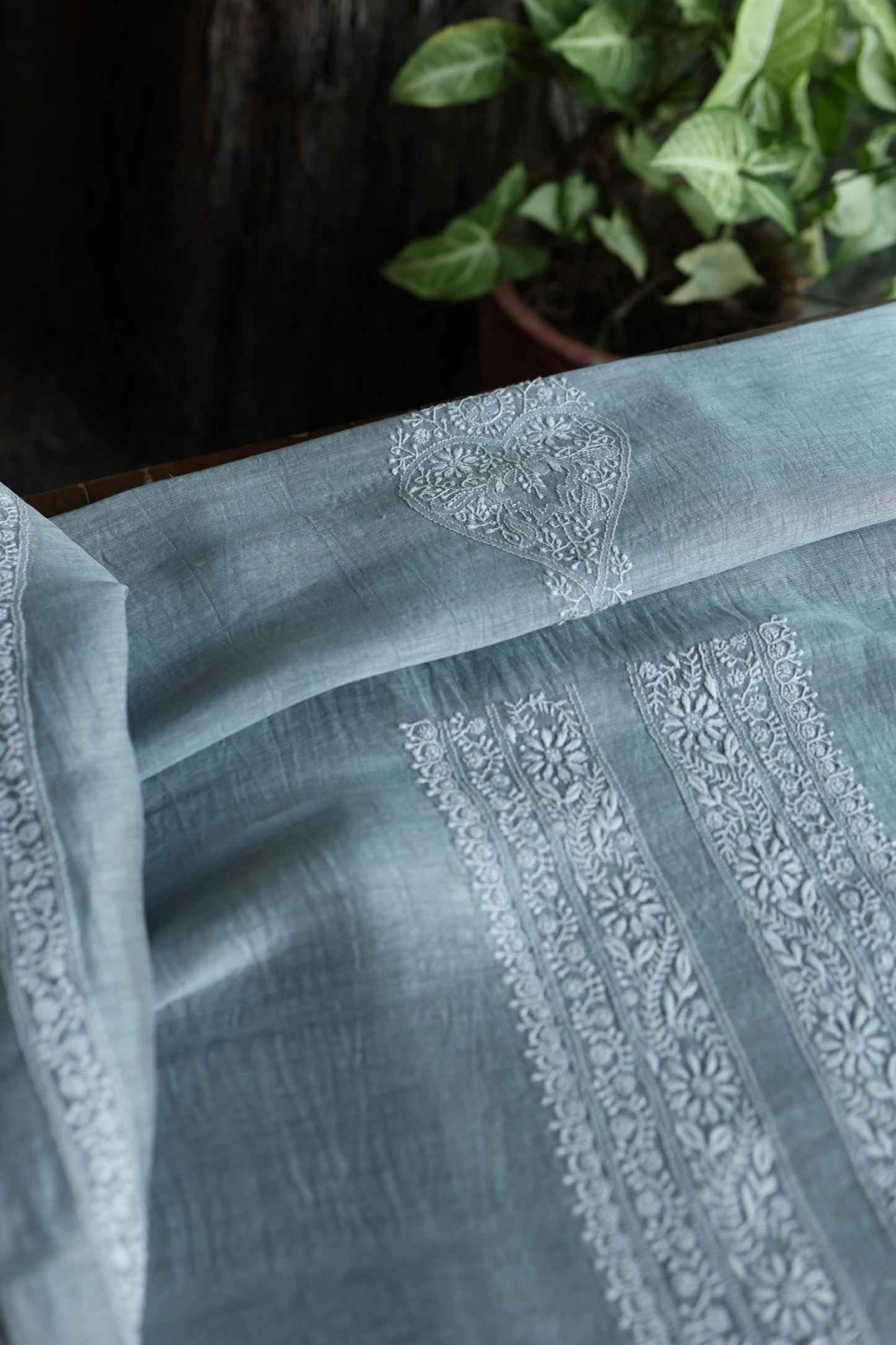 Slate Grey Shade Linen Chikankari Unstitched Men's Kurtas Fabric