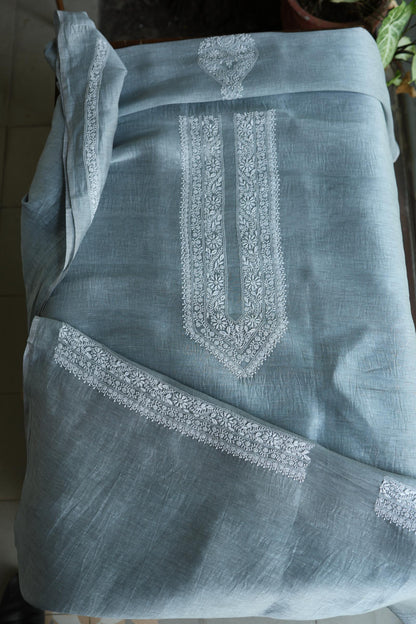 Slate Grey Shade Linen Chikankari Unstitched Men's Kurtas Fabric